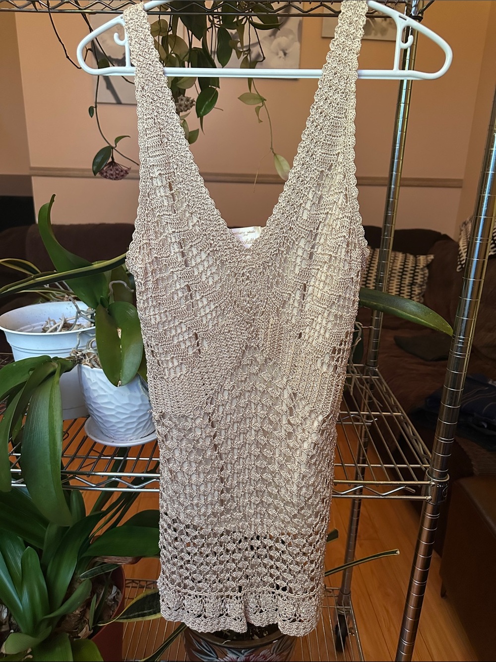 Hand-Crocheted Sleeveless Knit Tank Top - Beige